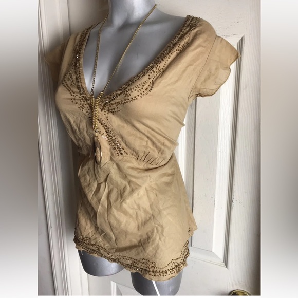 NWT $68 Bloomingdales  Abby Z Tan Peasant Boho Top-Plus size 1X-Beaded Tie Waist - Picture 2 of 11